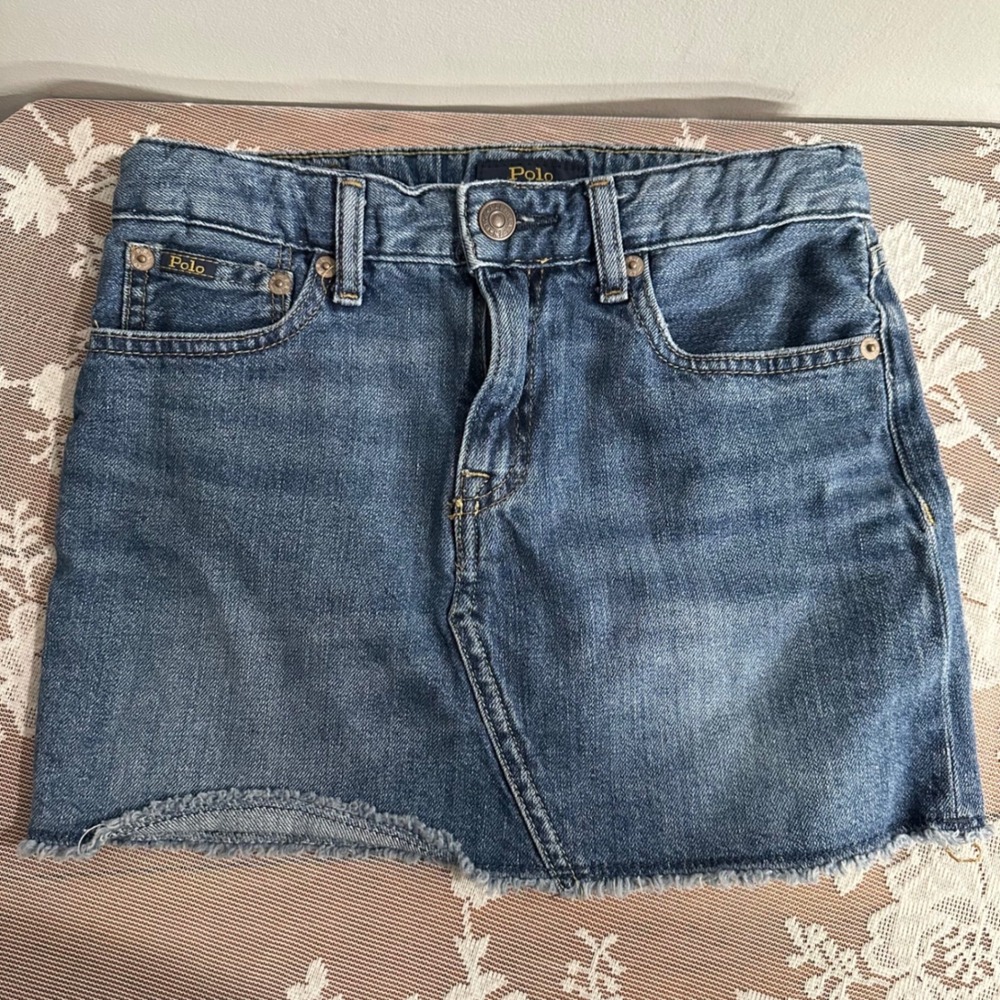 Polo Ralph Lauren Denim Mini Skirt Girls Size 8 Blue Excellent Frayed Hem